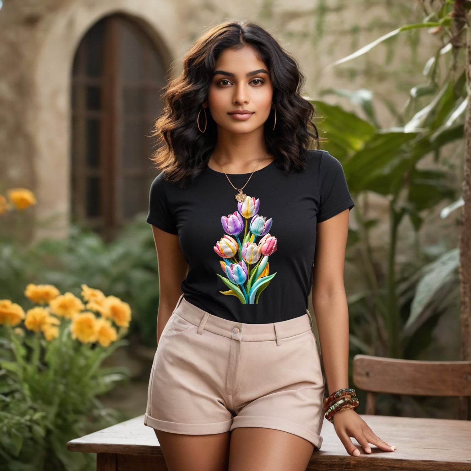 Tulips Flowers Plant Gardening Floral T-Shirt - Unisex Round Neck Regular Fit 100% Combed Cotton Half Sleeve T-Shirt - Mojilo Mart