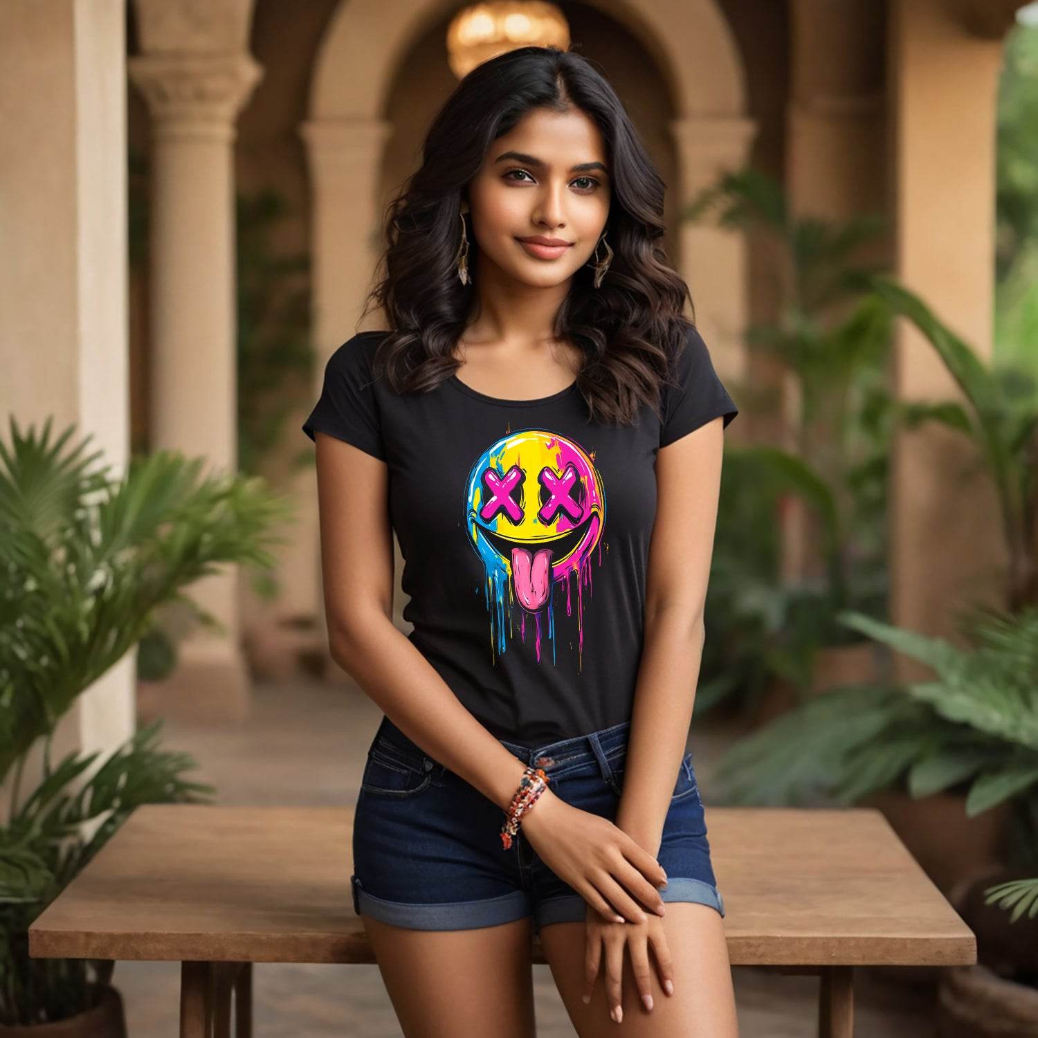 Melting Glitchy Smiling Face - Unisex Round Neck Regular Fit 100% Combed Cotton Half Sleeve T-Shirt - Mojilo Mart