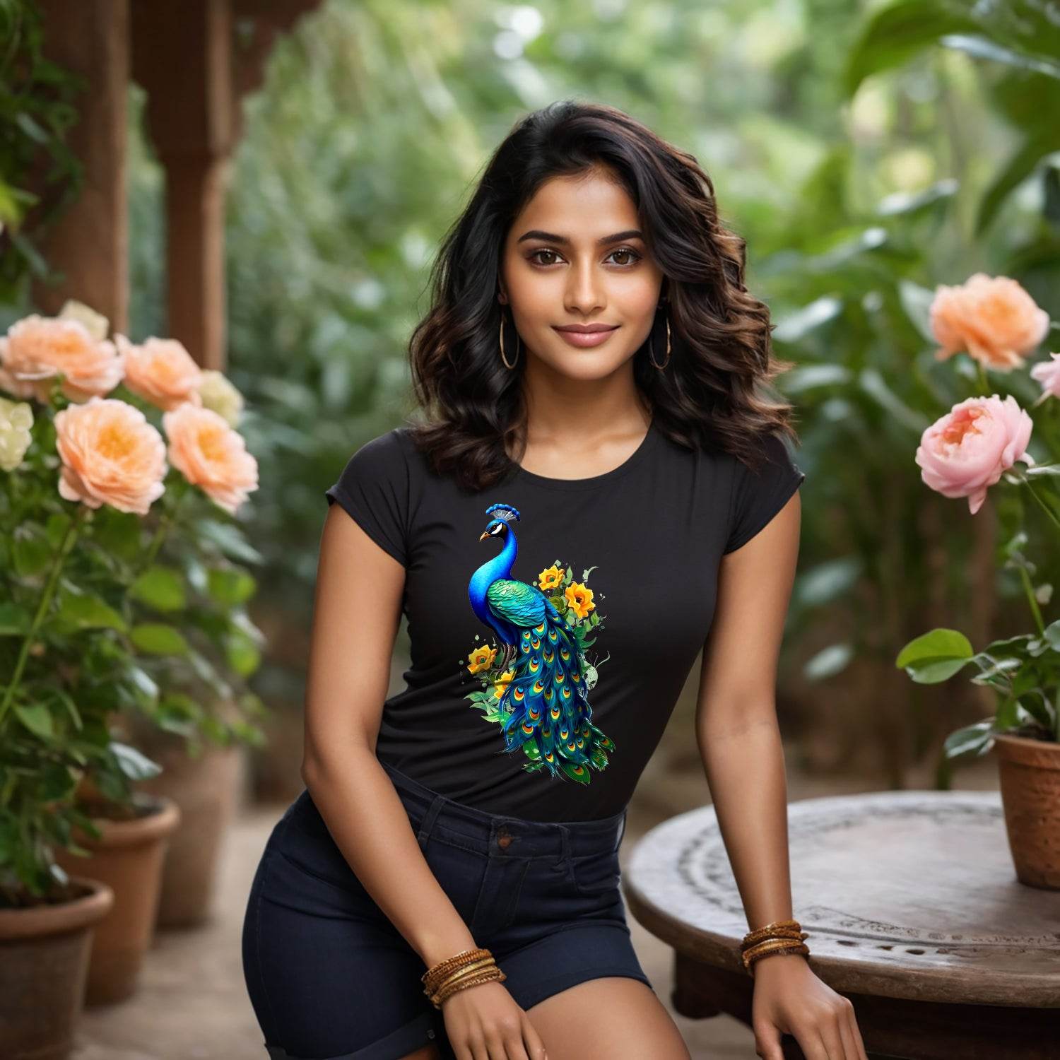 Peacock bird Beauty Flowers Elegant - Unisex Round Neck Regular Fit 100% Combed Cotton Half Sleeve T-Shirt - Mojilo Mart