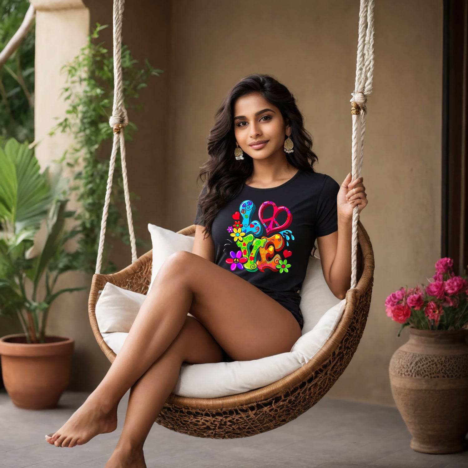Love Peace Hand Sign Retro Floral Peace Symbol - Unisex Round Neck Regular Fit 100% Combed Cotton Half Sleeve T-Shirt - Mojilo Mart
