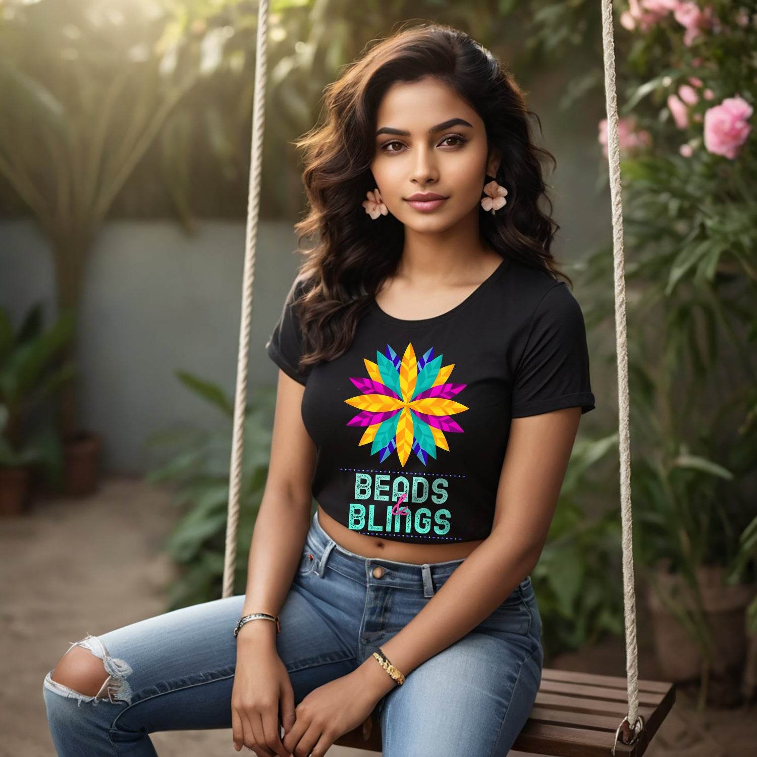 Beads & Blings - Unisex Round Neck Regular Fit 100% Combed Cotton Half Sleeve T-Shirt - Mojilo Mart