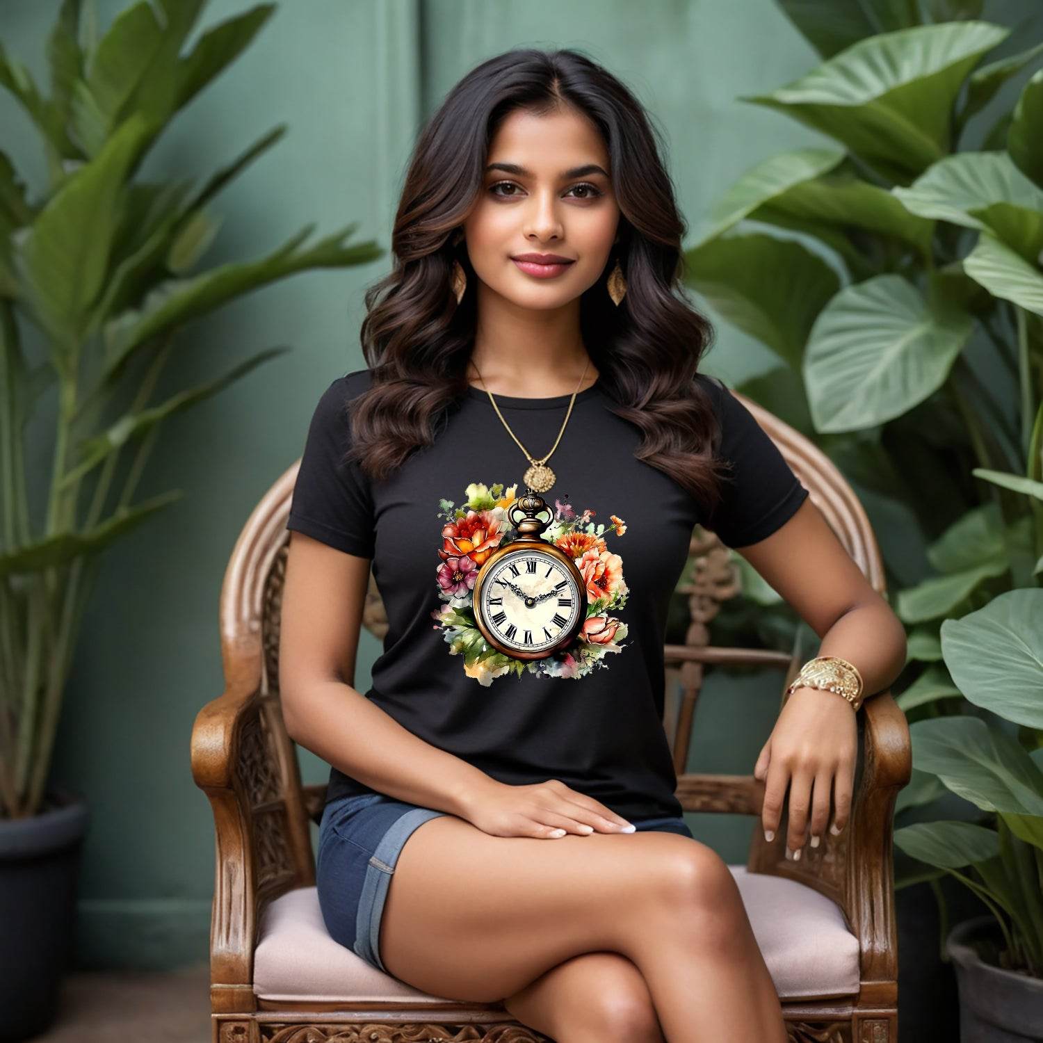 Clock Flowers - Unisex Round Neck Regular Fit 100% Combed Cotton Half Sleeve T-Shirt - Mojilo Mart