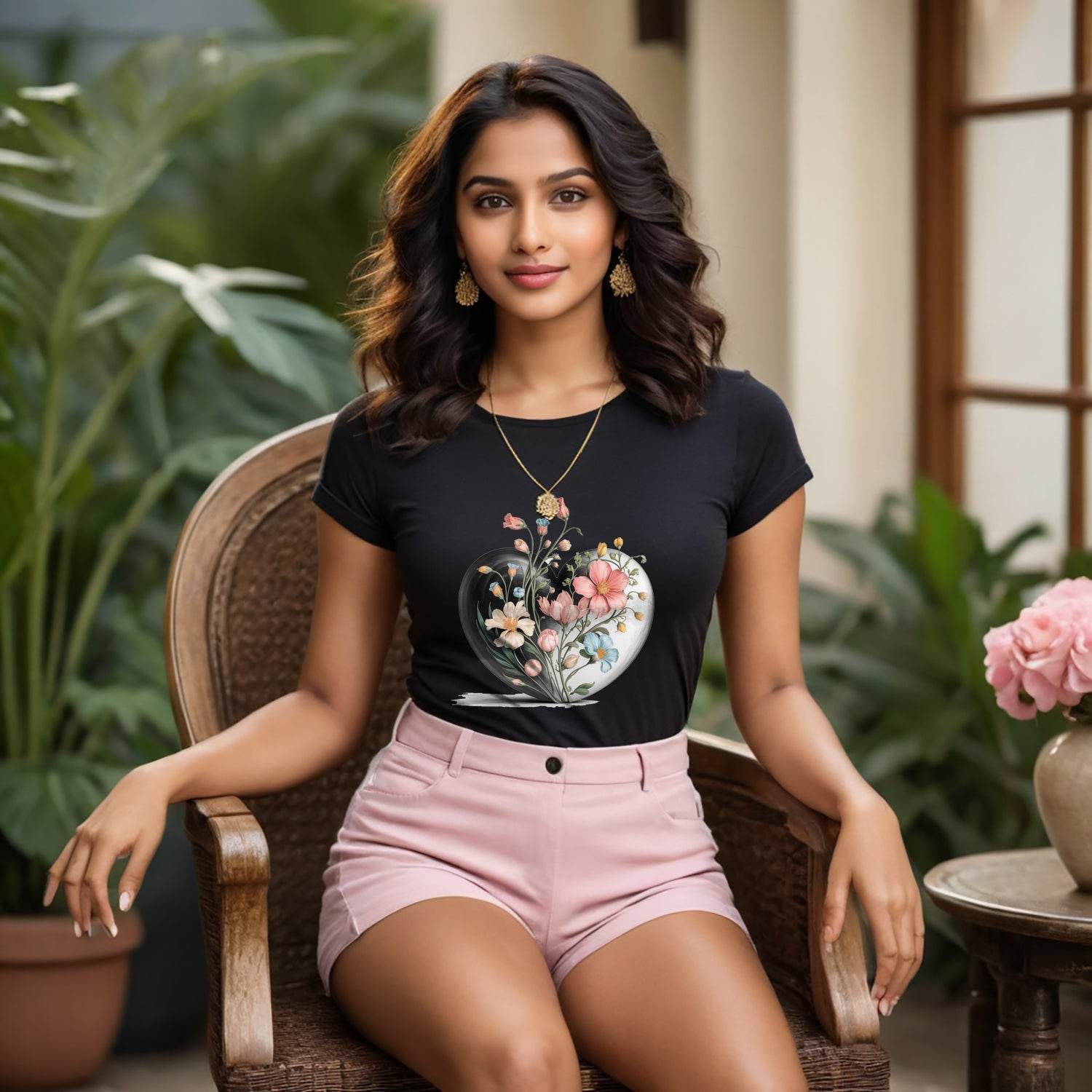 Love Flower Heart - Unisex Round Neck Regular Fit 100% Combed Cotton Half Sleeve T-Shirt - Mojilo Mart