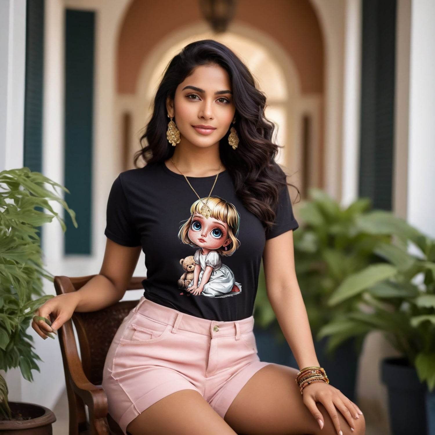 Cartoon Girl with Dog - Unisex Round Neck Regular Fit 100% Combed Cotton Half Sleeve T-Shirt - Mojilo Mart