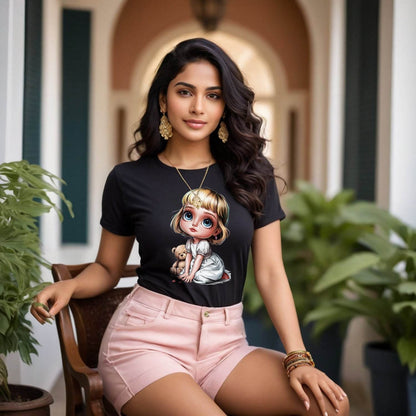 Cartoon Girl with Dog - Unisex Round Neck Regular Fit 100% Combed Cotton Half Sleeve T-Shirt - Mojilo Mart