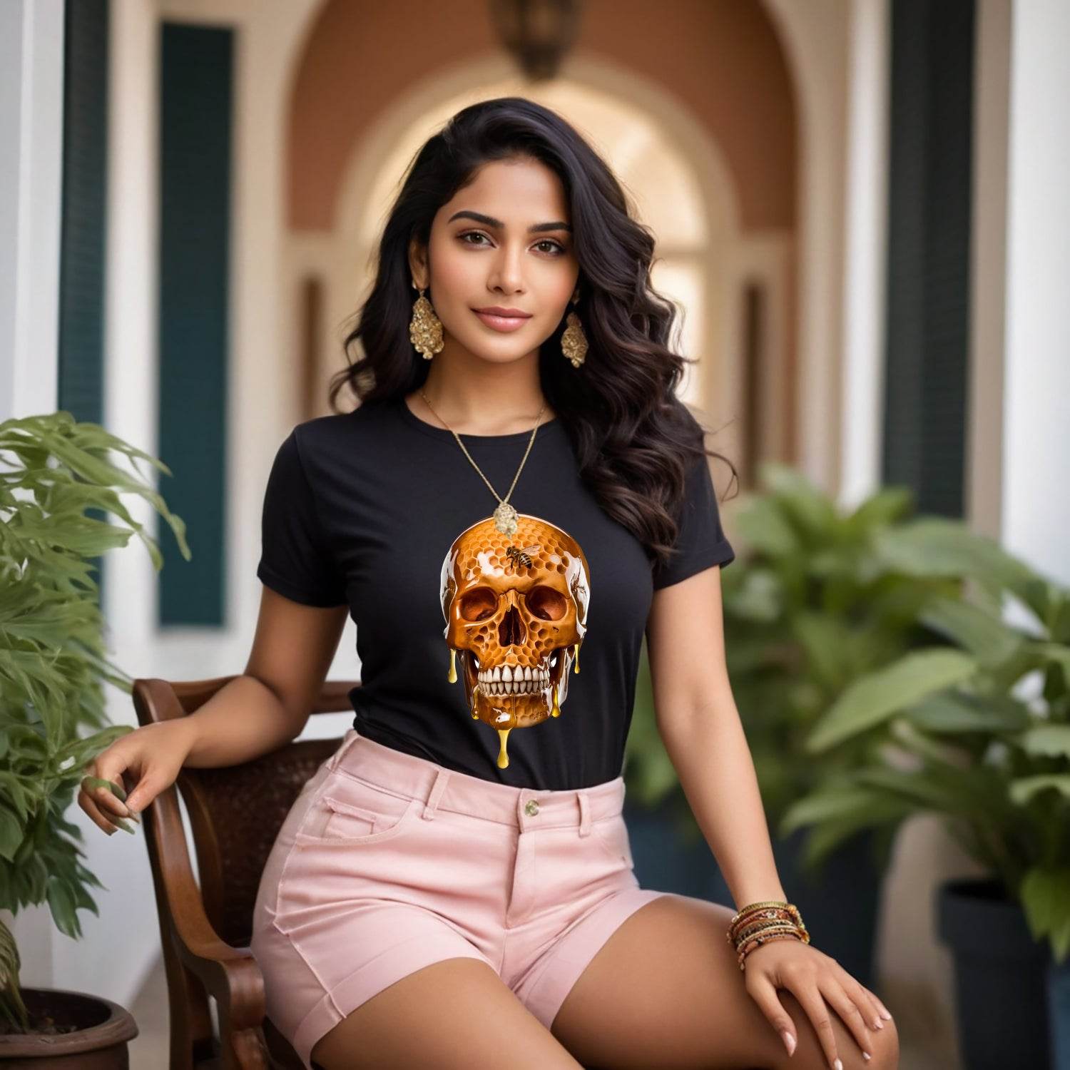 Bee Life Skull Honeycomb Haven Bumblebee Bees Lover - Unisex Round Neck Regular Fit 100% Combed Cotton Half Sleeve T-Shirt - Mojilo Mart