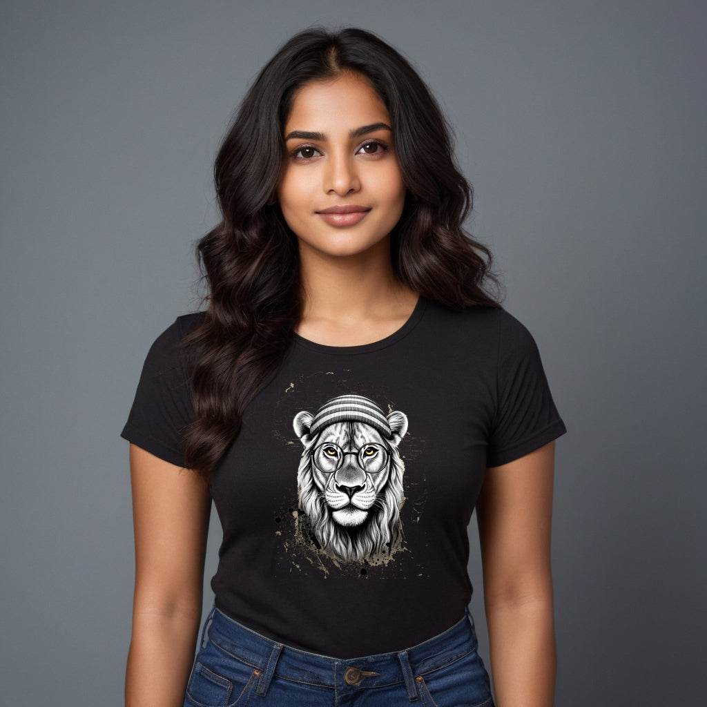 The Head Of A Lion With Glasses Drawn - Unisex Round Neck Regular Fit 100% Combed Cotton Half Sleeve T-Shirt - Mojilo Mart