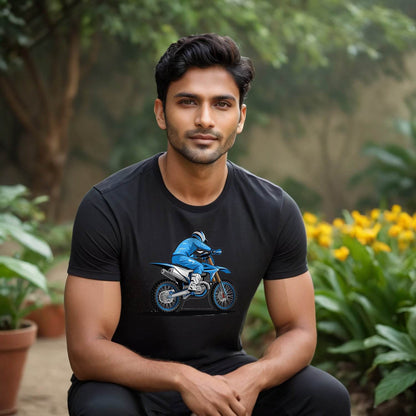 Motorcyclist In Blue And White Riding - Unisex Round Neck Regular Fit 100% Combed Cotton Half Sleeve T-Shirt - Mojilo Mart