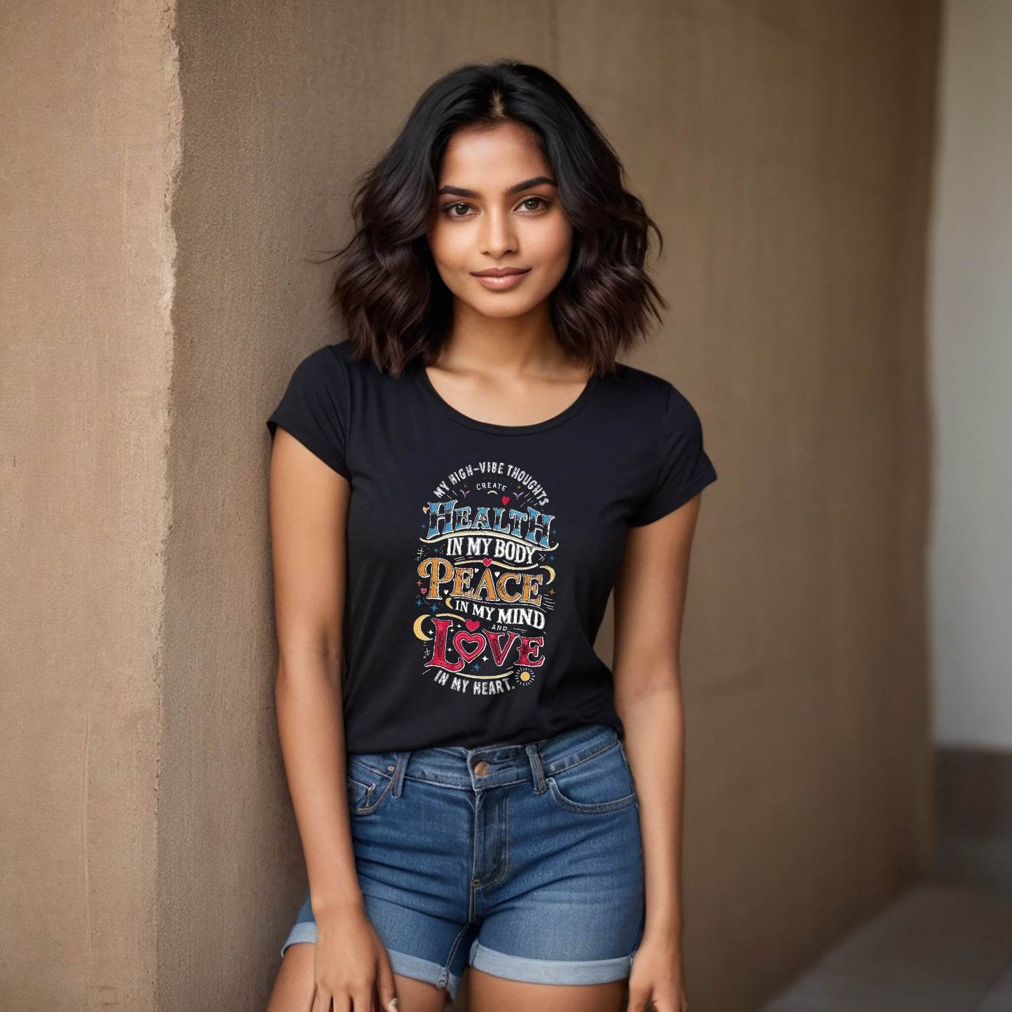 My High-Vibe Thoughts Create Health In My Body, Peace In My Mind, And Love In My Heart - Unisex Round Neck Regular Fit 100% Combed Cotton Half Sleeve T-Shirt - Mojilo Mart