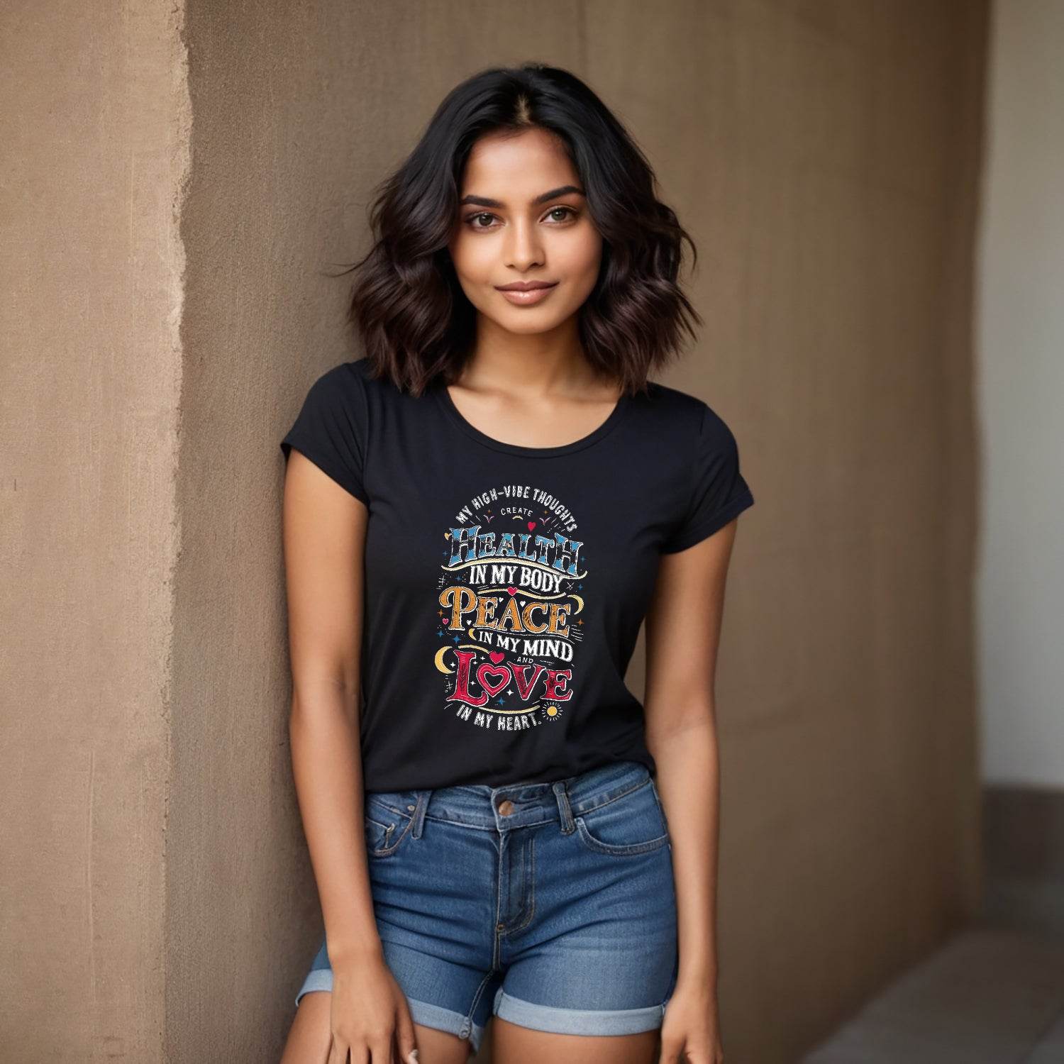 My High-Vibe Thoughts Create Health In My Body, Peace In My Mind, And Love In My Heart - Unisex Round Neck Regular Fit 100% Combed Cotton Half Sleeve T-Shirt - Mojilo Mart