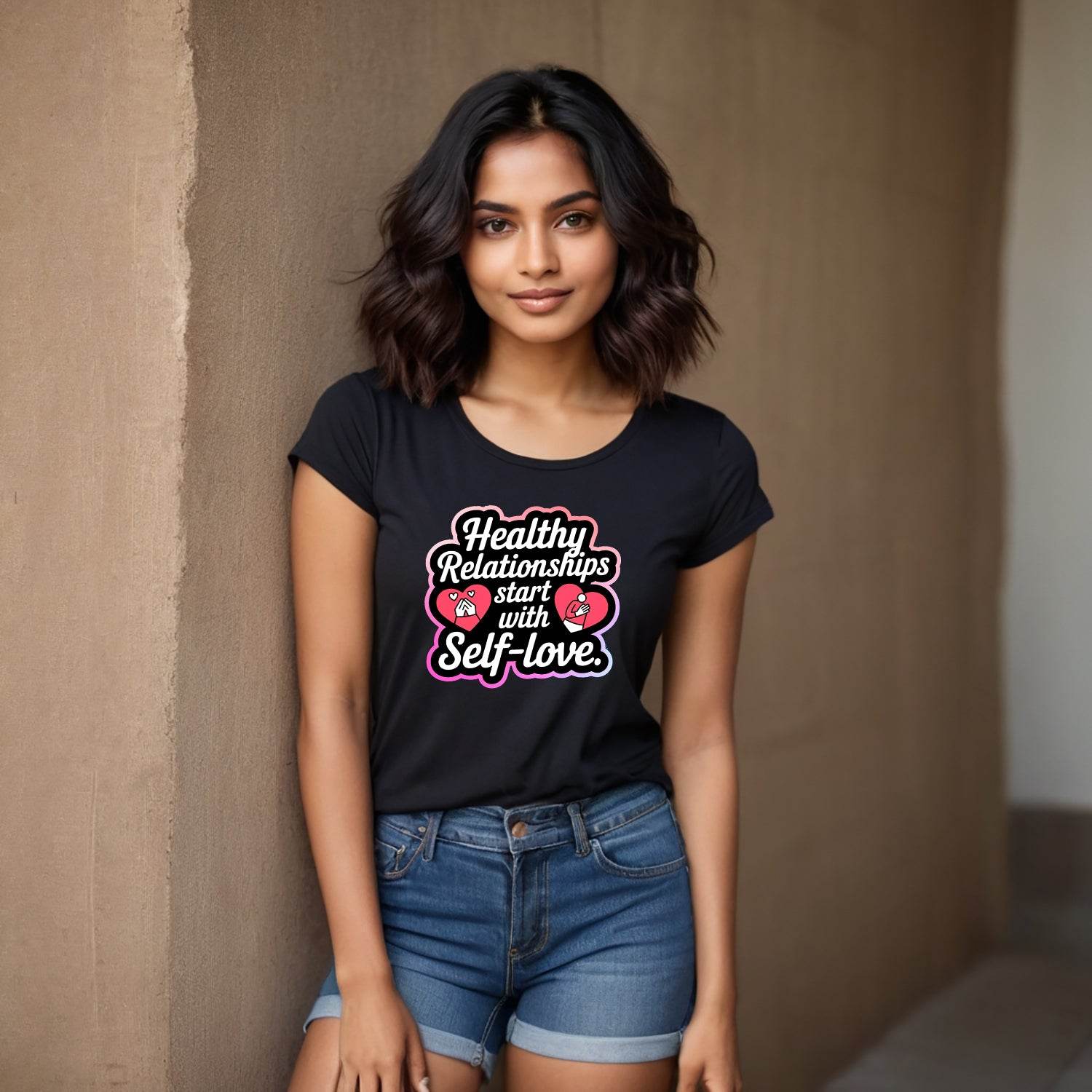 Healthy Relationships start with Self-love - Unisex Round Neck Regular Fit 100% Combed Cotton Half Sleeve T-Shirt - Mojilo Mart