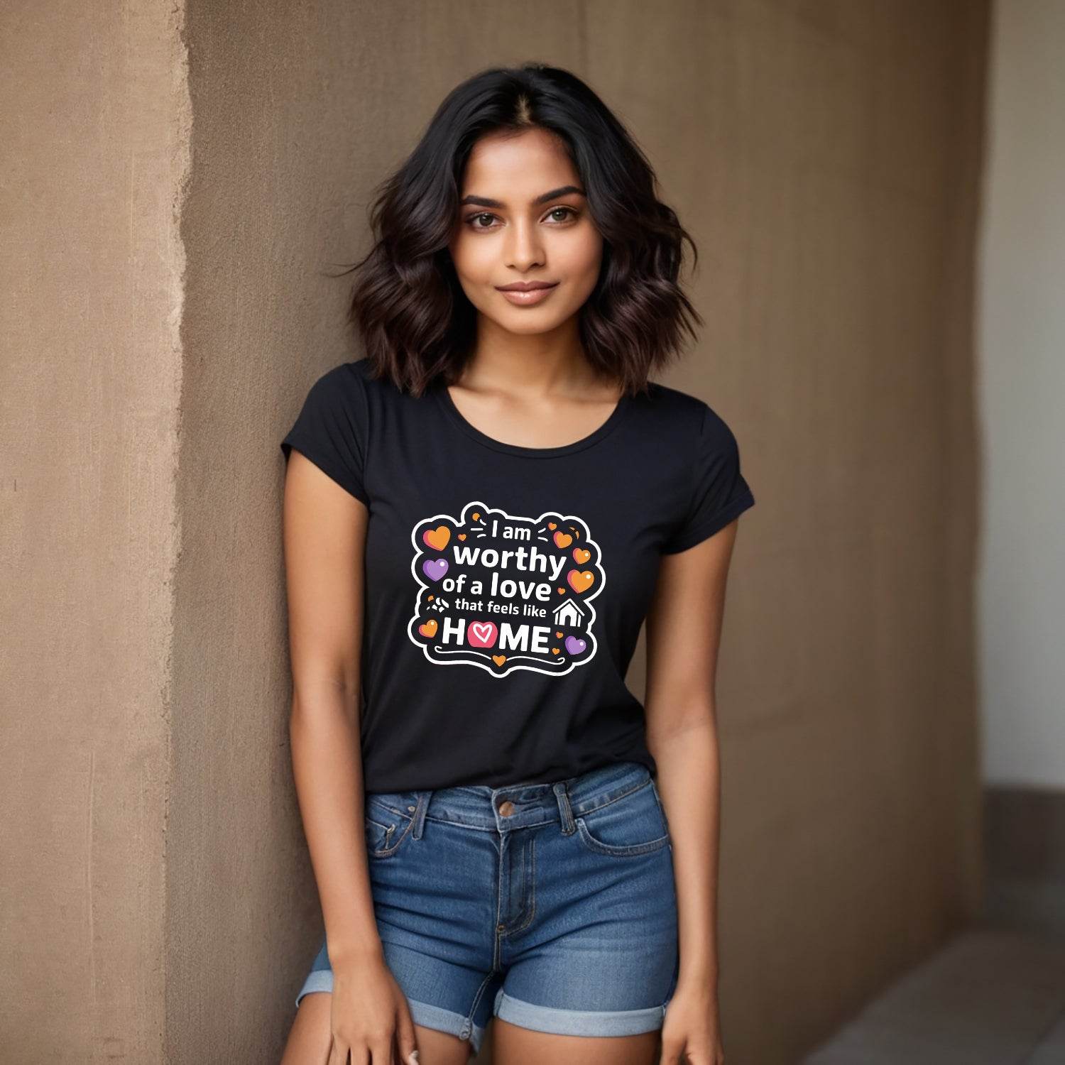I Am Worthy Of A Love That Feels Like HOME - Unisex Round Neck Regular Fit 100% Combed Cotton Half Sleeve T-Shirt - Mojilo Mart