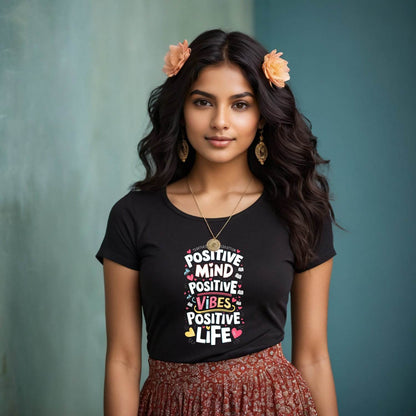 POSITIVE MIND POSITIVE VIBES POSITIVE LIFE - Unisex Round Neck Regular Fit 100% Combed Cotton Half Sleeve T-Shirt - Mojilo Mart