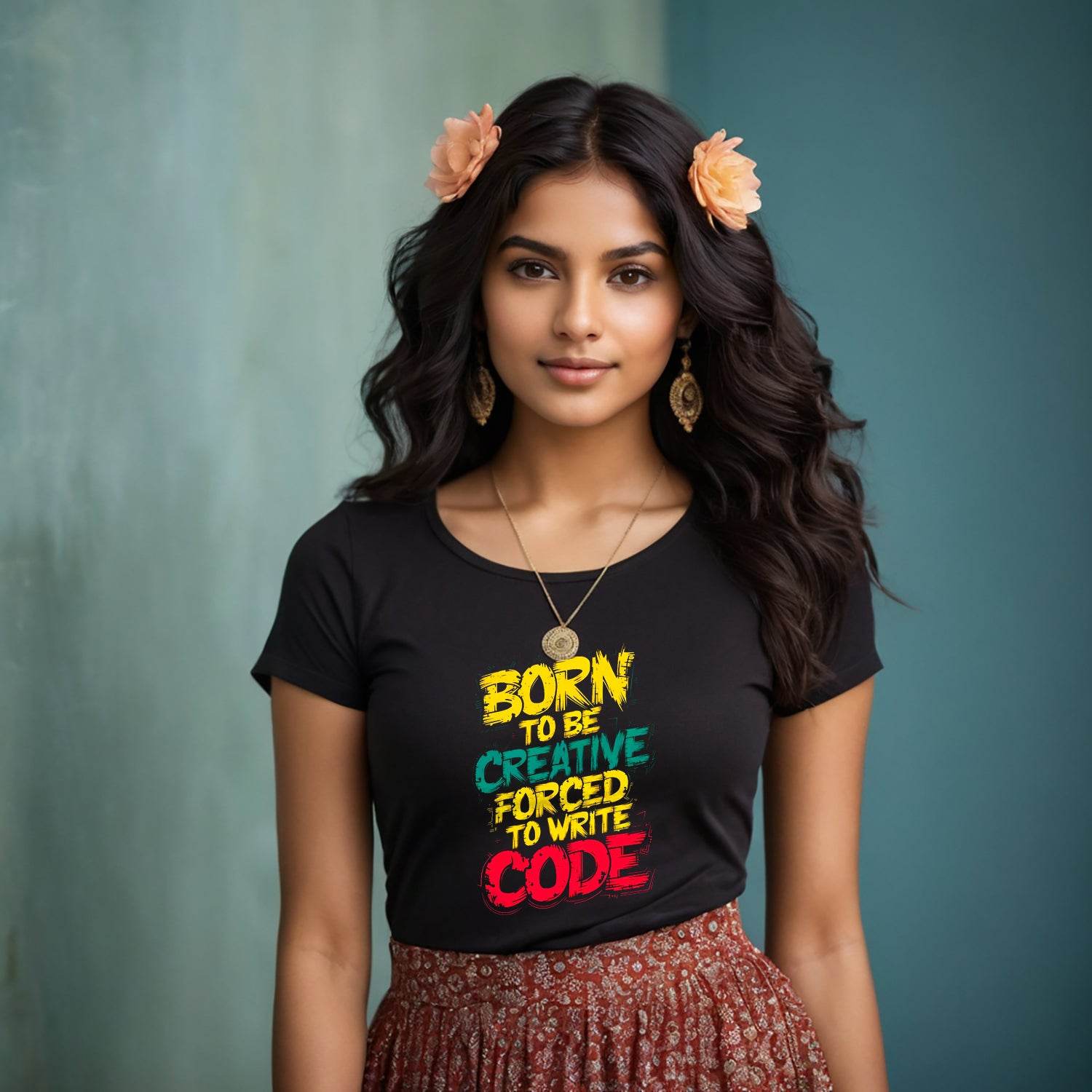 BORN TO BE CREATIVE FORCED TO WRITE CODE- Unisex Round Neck Regular Fit 100% Combed Cotton Half Sleeve T-Shirt - Mojilo Mart