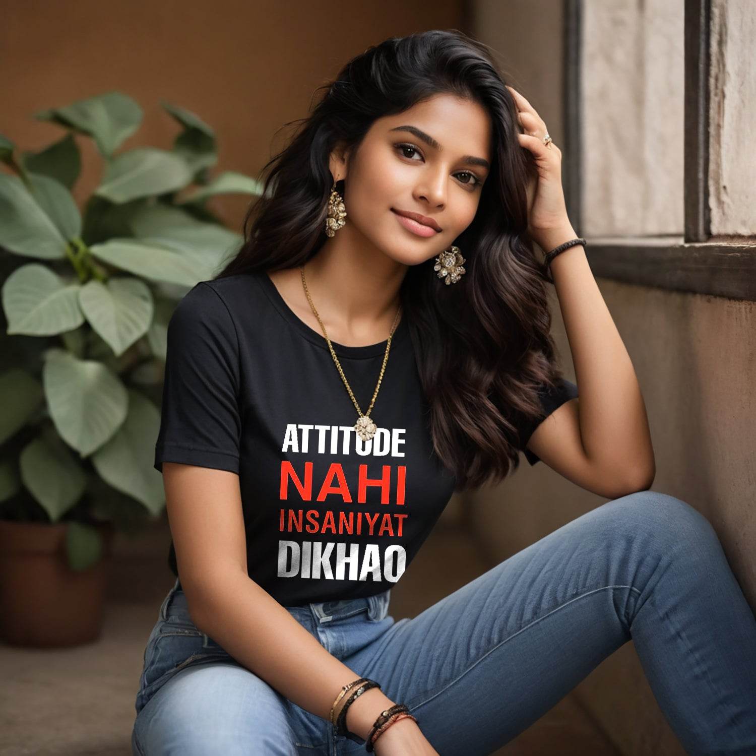 ATTITUDE NAHI INSANIYAT DIKHAO - Unisex Round Neck Regular Fit 100% Combed Cotton Half Sleeve T-Shirt - Mojilo Mart