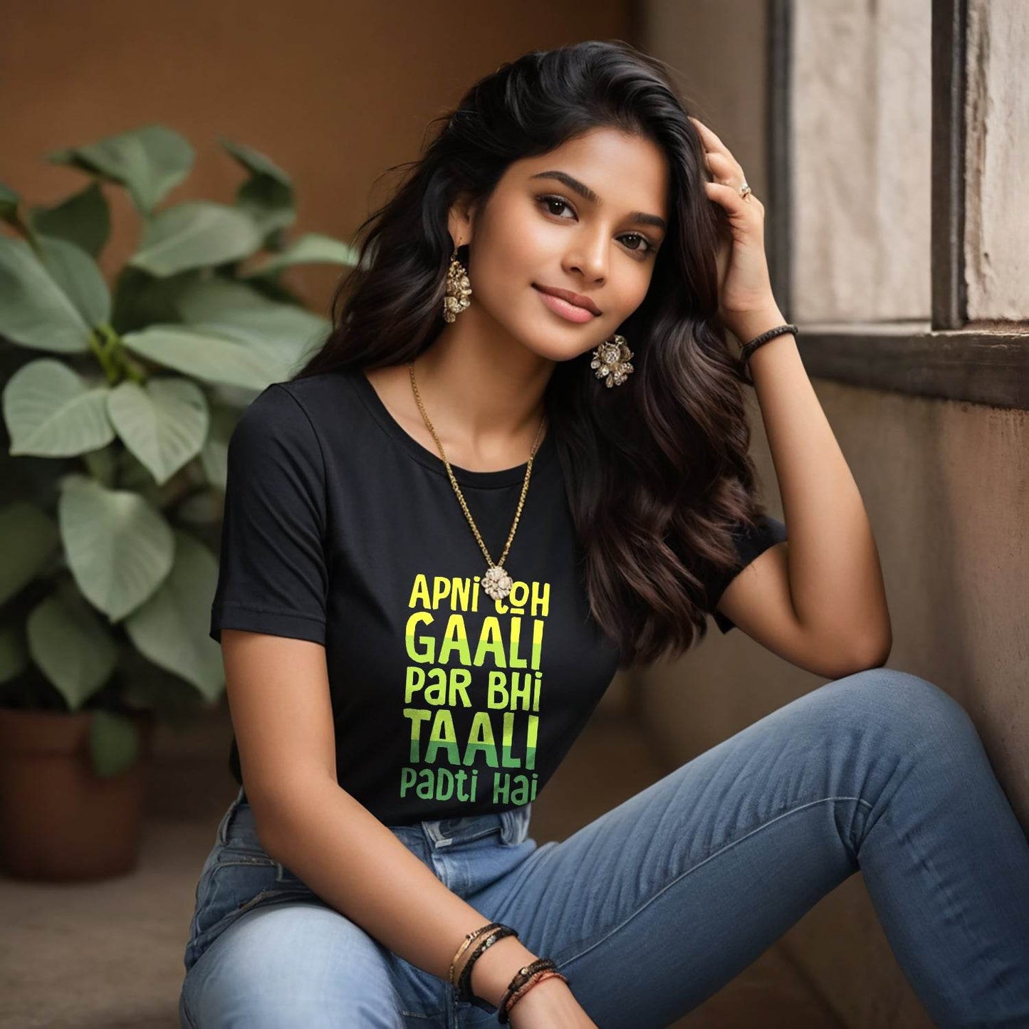 APNI TOH GAALI PAR BHI TAALI PADTI HAI - Unisex Round Neck Regular Fit 100% Combed Cotton Half Sleeve T-Shirt - Mojilo Mart