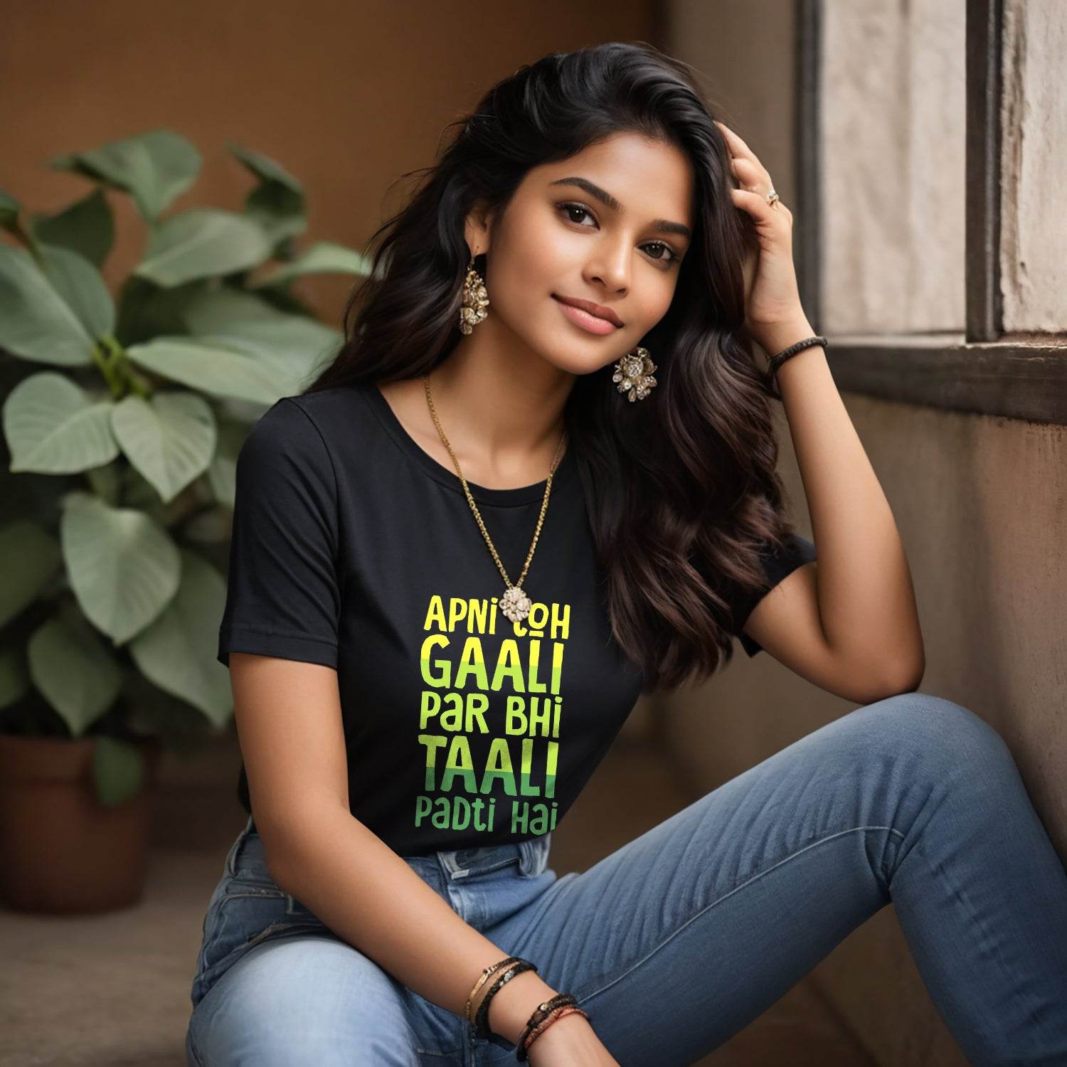 APNI TOH GAALI PAR BHI TAALI PADTI HAI - Unisex Round Neck Regular Fit 100% Combed Cotton Half Sleeve T-Shirt - Mojilo Mart