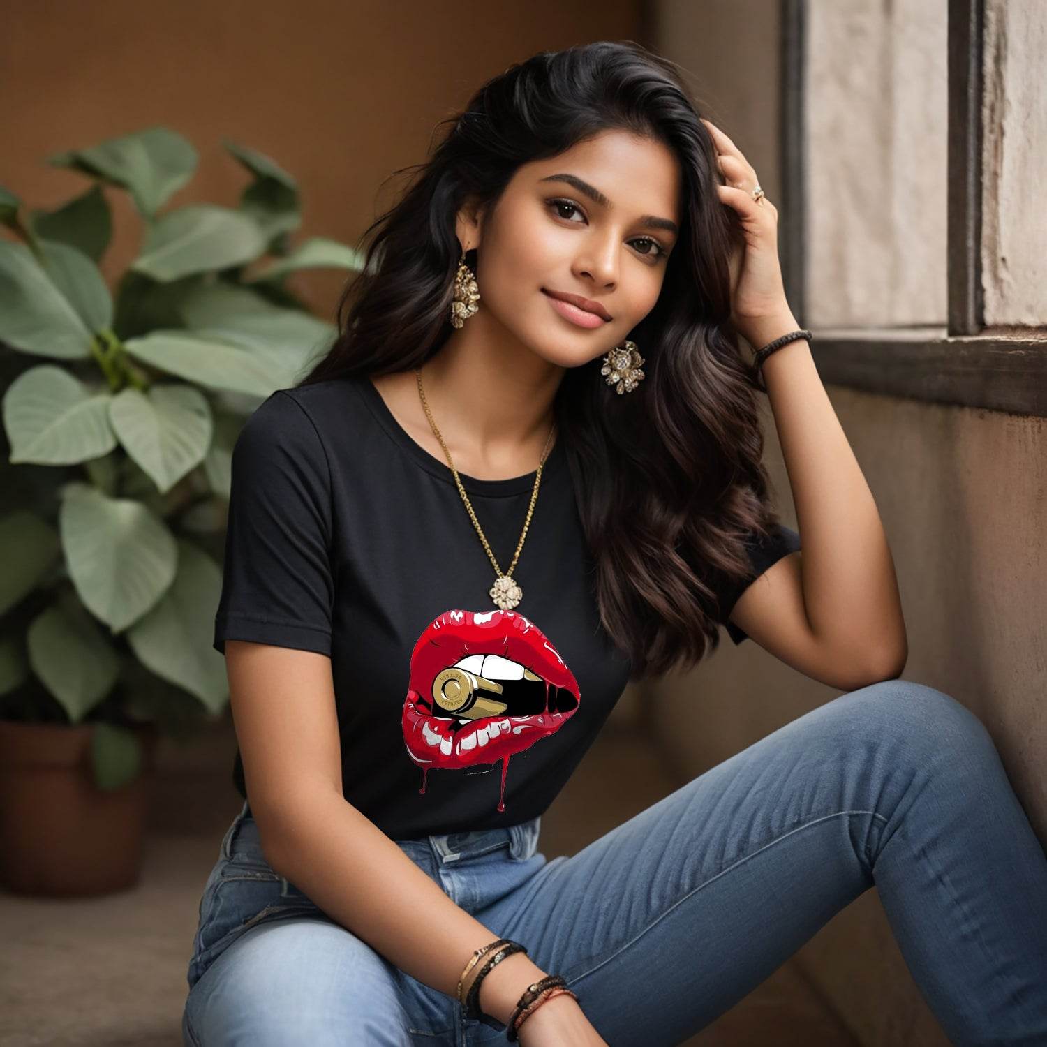 Bullet Bite Red Lip Girly Babe Mouth - Unisex Round Neck Regular Fit 100% Combed Cotton Half Sleeve T-Shirt - Mojilo Mart