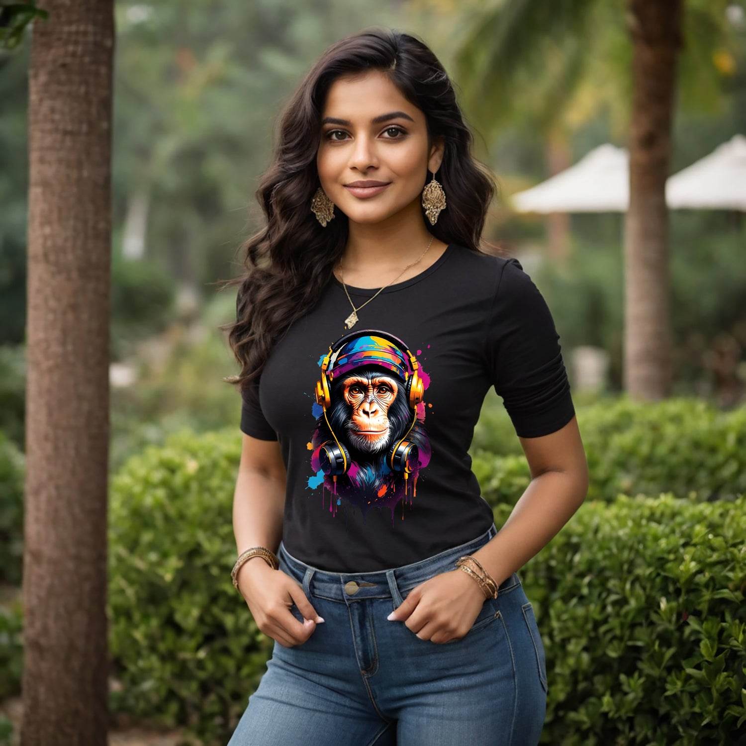 Monkey With Headphones - Unisex Round Neck Regular Fit 100% Combed Cotton Half Sleeve T-Shirt - Mojilo Mart
