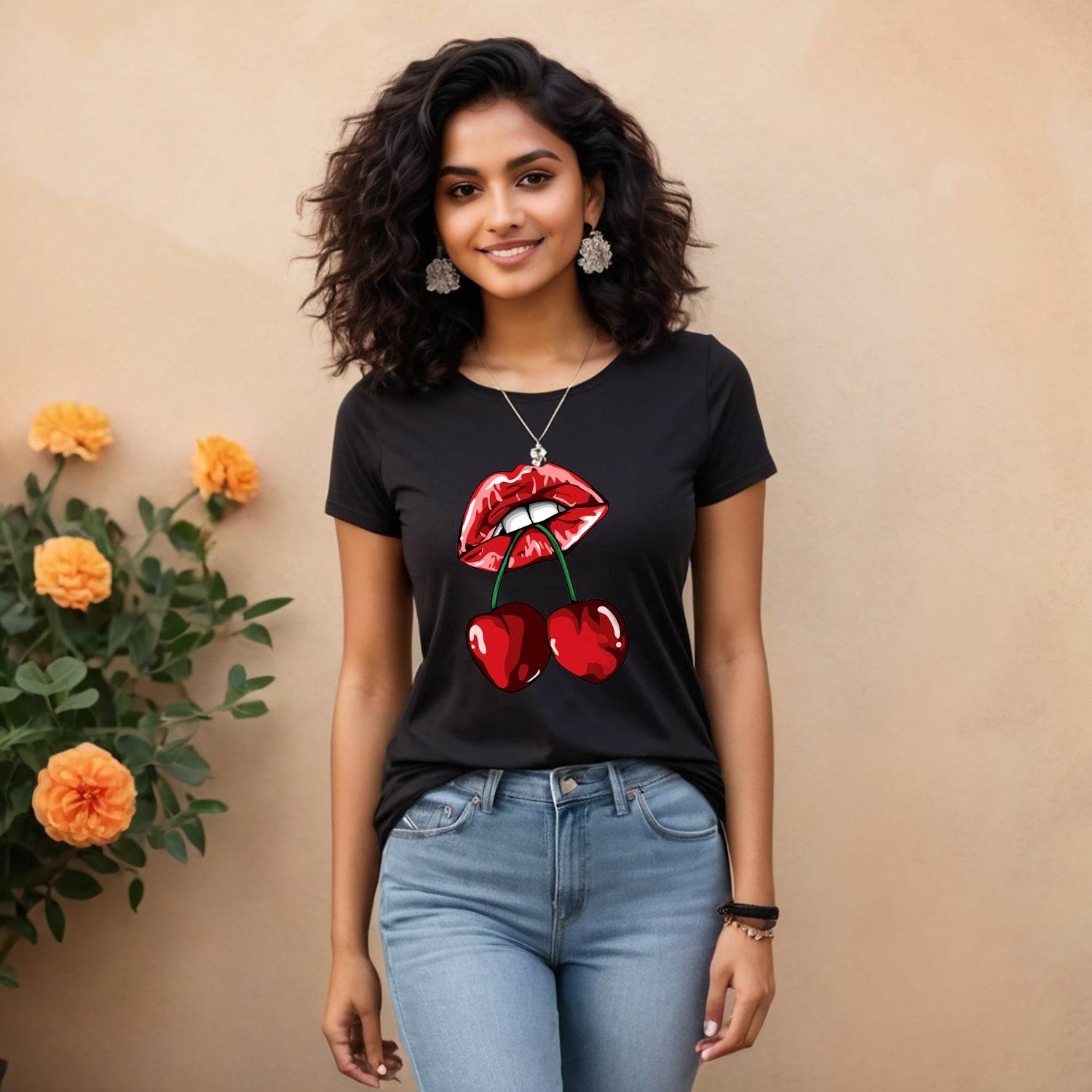 FAIRY TRENDZ Women's Cherry Lips - Unisex Round Neck Regular Fit 100% Combed Cotton Half Sleeve T-Shirt - Mojilo Mart