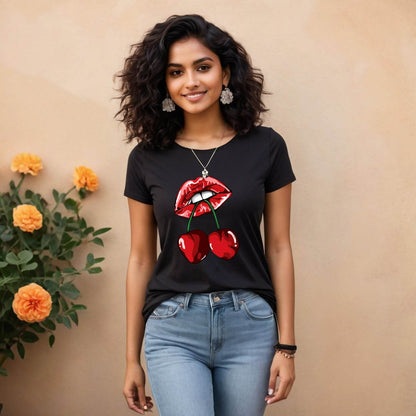 FAIRY TRENDZ Women's Cherry Lips - Unisex Round Neck Regular Fit 100% Combed Cotton Half Sleeve T-Shirt - Mojilo Mart