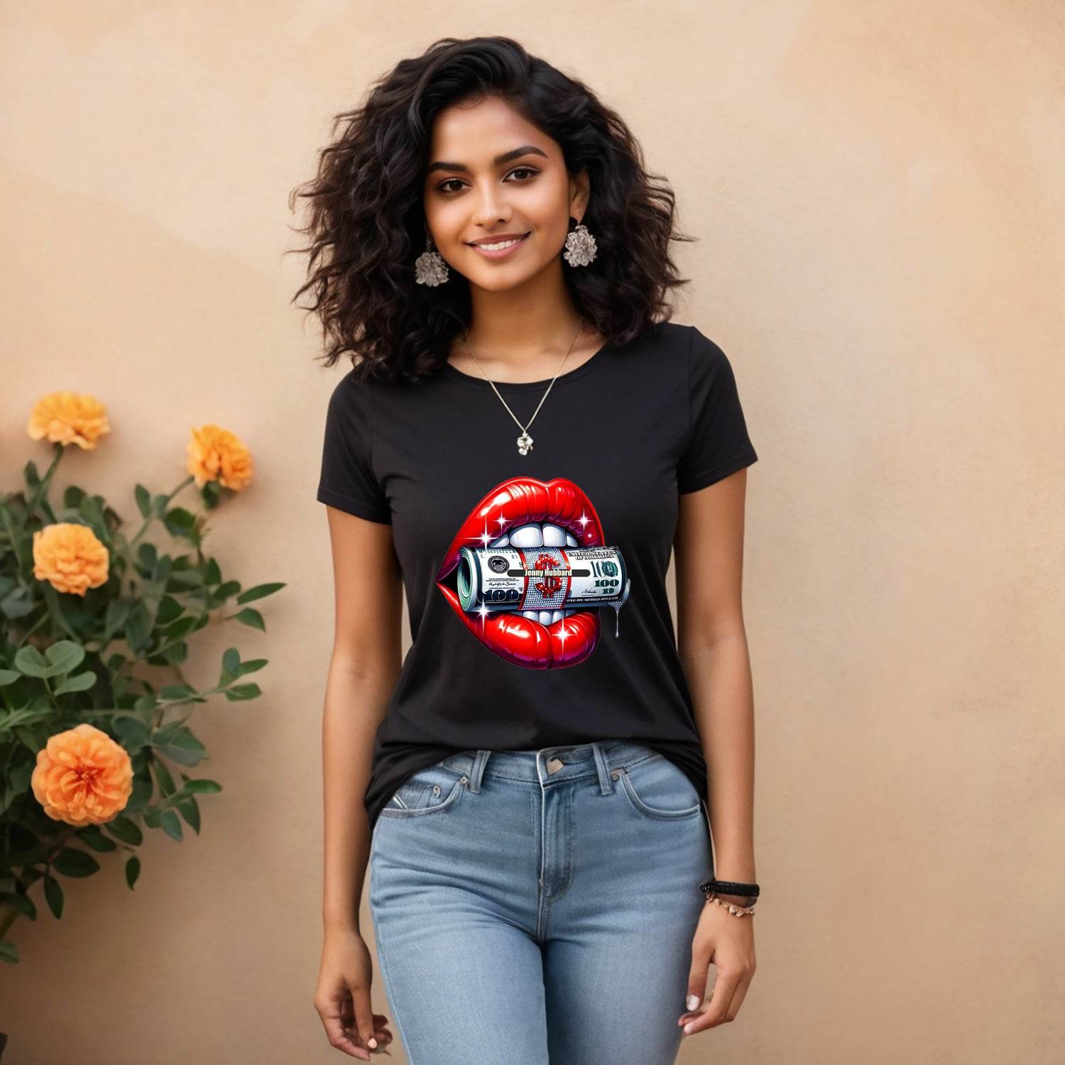 100 Dollar Bill Lips - Unisex Round Neck Regular Fit 100% Combed Cotton Half Sleeve T-Shirt - Mojilo Mart