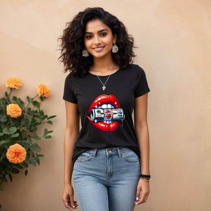 100 Dollar Bill Lips - Unisex Round Neck Regular Fit 100% Combed Cotton Half Sleeve T-Shirt - Mojilo Mart
