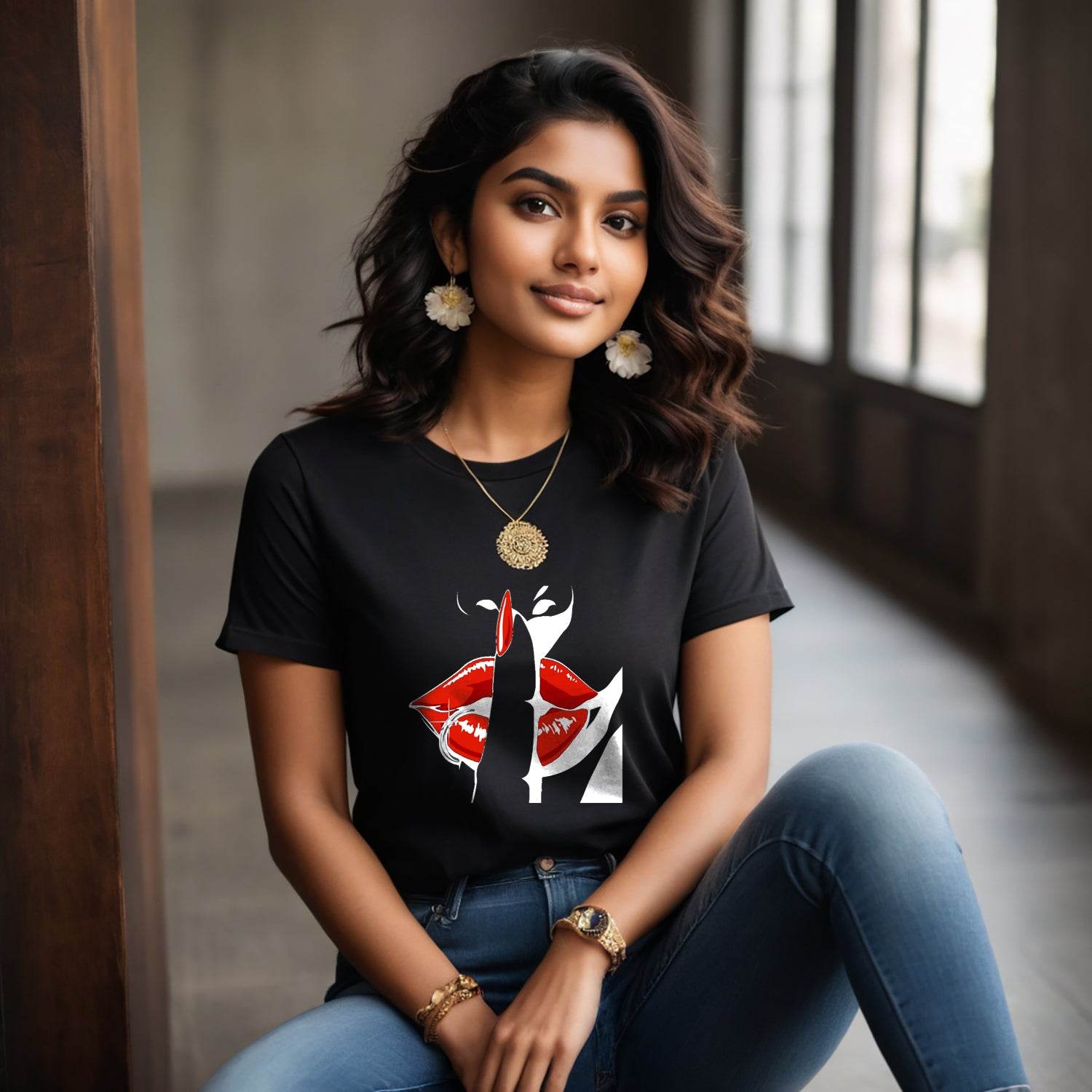 Womans hand with a finger pointing at a red lip - Unisex Round Neck Regular Fit 100% Combed Cotton Half Sleeve T-Shirt - Mojilo Mart