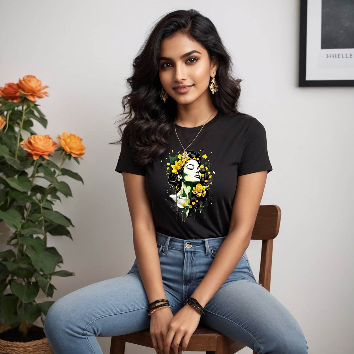 Woman with flowers art - Unisex Round Neck Regular Fit 100% Combed Cotton Half Sleeve T-Shirt - Mojilo Mart