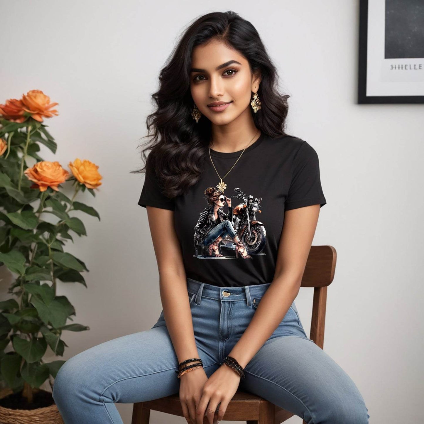 Motorcycle Girl Art - Unisex Round Neck Regular Fit 100% Combed Cotton Half Sleeve T-Shirt - Mojilo Mart