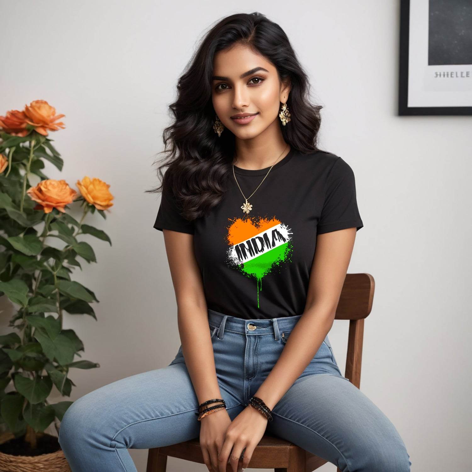 Love India In Heart With Flag Colour - Unisex Round Neck Regular Fit 100% Combed Cotton Half Sleeve T-Shirt - Mojilo Mart
