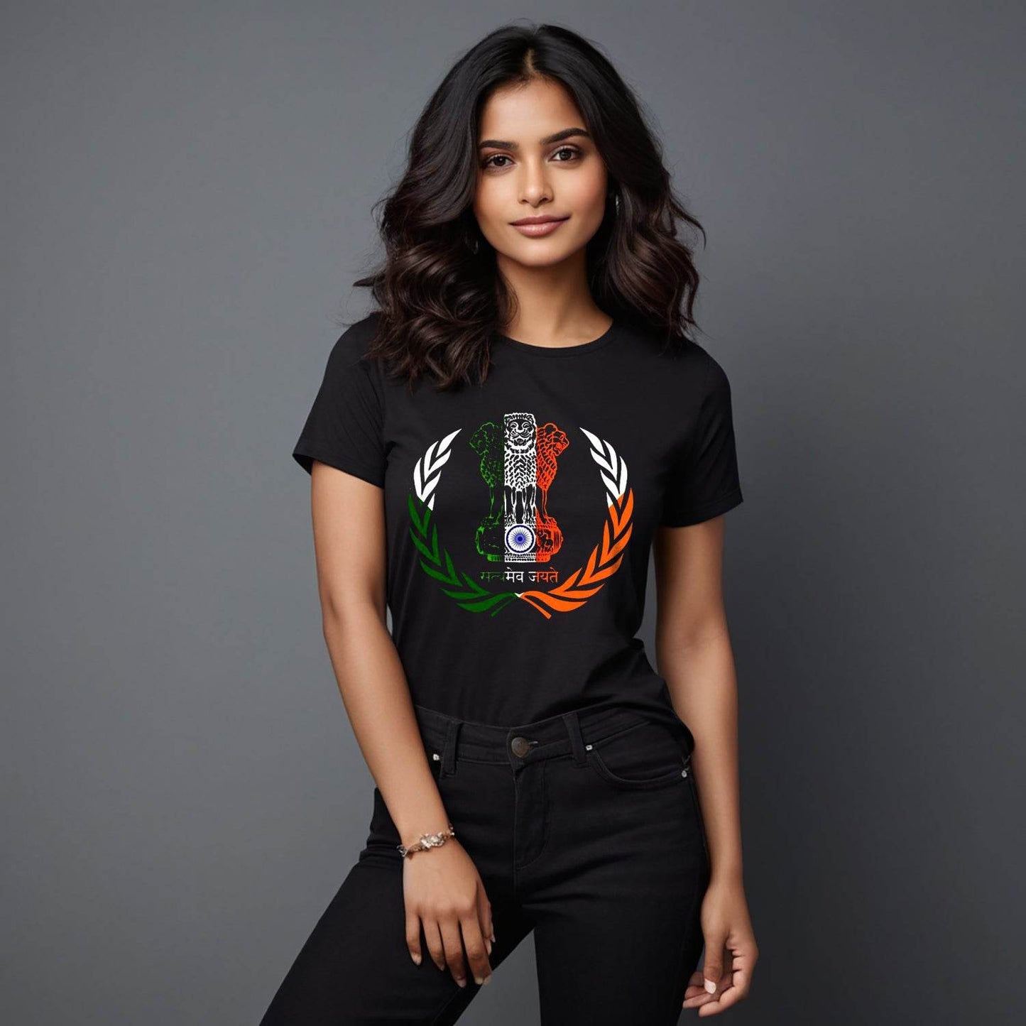 Indian Flag and Coat of Arms Emblem Satyamev jayate - Unisex Round Neck Regular Fit 100% Combed Cotton Half Sleeve T-Shirt - Mojilo Mart