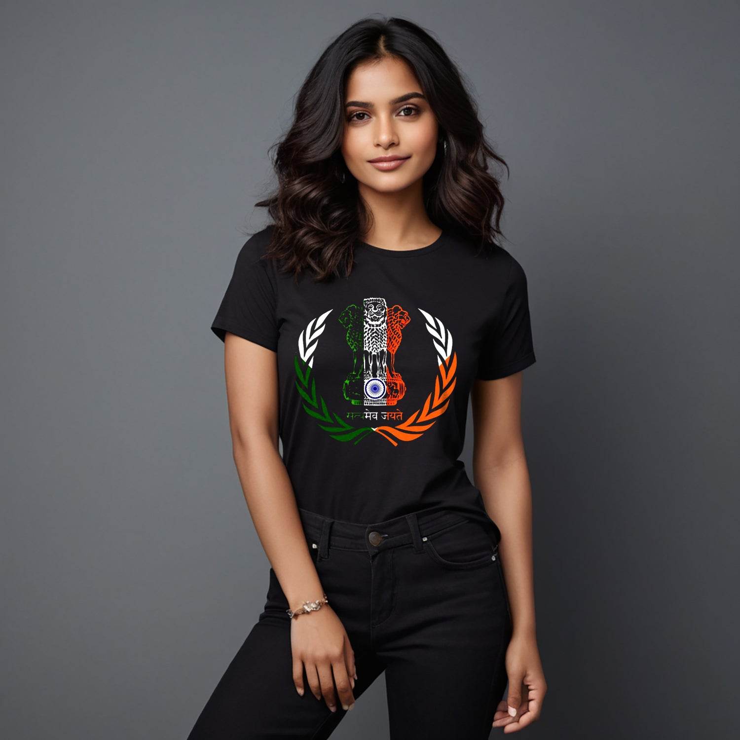Indian Flag and Coat of Arms Emblem Satyamev jayate - Unisex Round Neck Regular Fit 100% Combed Cotton Half Sleeve T-Shirt - Mojilo Mart
