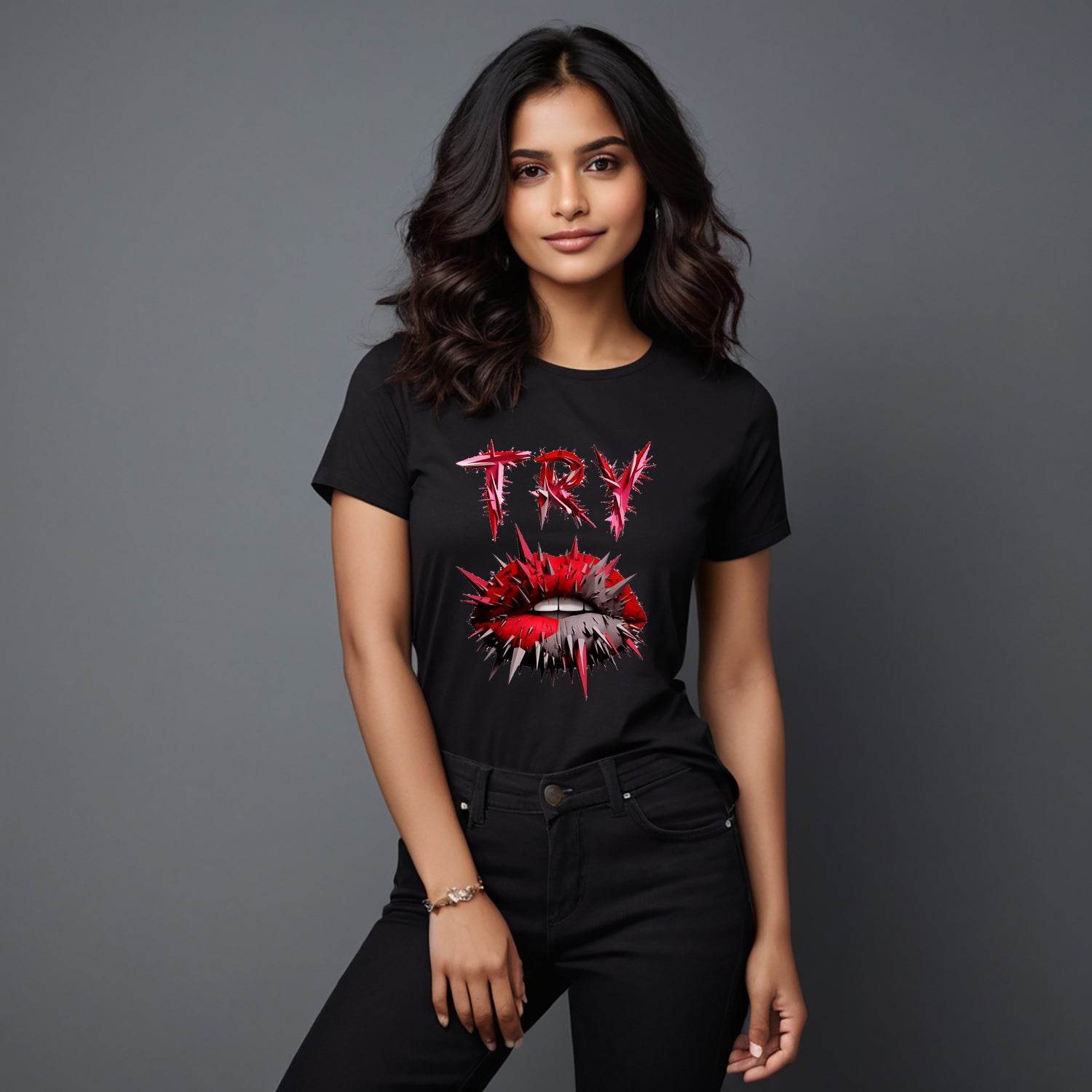 TRY lips - Unisex Round Neck Regular Fit 100% Combed Cotton Half Sleeve T-Shirt - Mojilo Mart