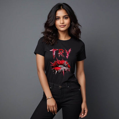 TRY lips - Unisex Round Neck Regular Fit 100% Combed Cotton Half Sleeve T-Shirt - Mojilo Mart
