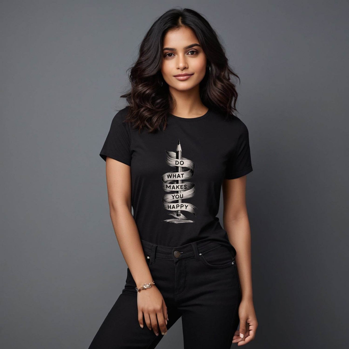 A Pencil is with a ribbon DO WHAT MAKES YOU HAPPY - Unisex Round Neck Regular Fit 100% Combed Cotton Half Sleeve T-Shirt - Mojilo Mart