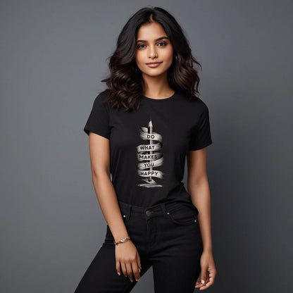 A Pencil is with a ribbon DO WHAT MAKES YOU HAPPY - Unisex Round Neck Regular Fit 100% Combed Cotton Half Sleeve T-Shirt - Mojilo Mart