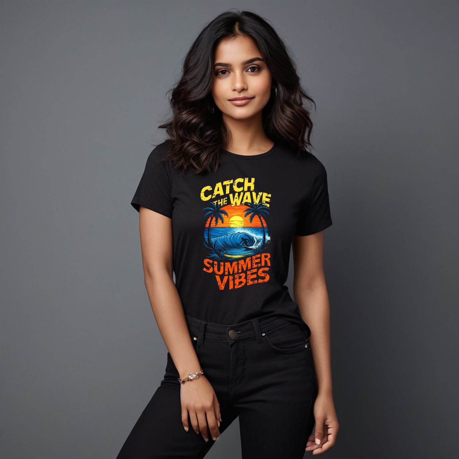 Catch the Wave Summer Vibes - Unisex Round Neck Regular Fit 100% Combed Cotton Half Sleeve T-Shirt - Mojilo Mart