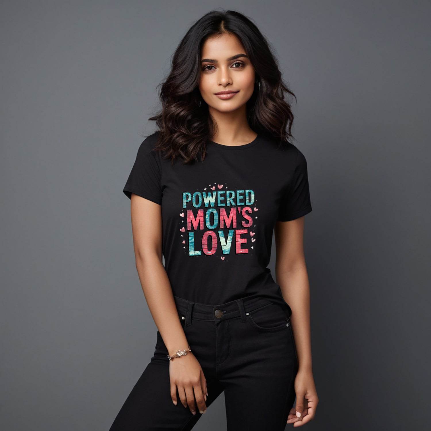 POWERED MOM'S LOVE - Unisex Round Neck Regular Fit 100% Combed Cotton Half Sleeve T-Shirt - Mojilo Mart