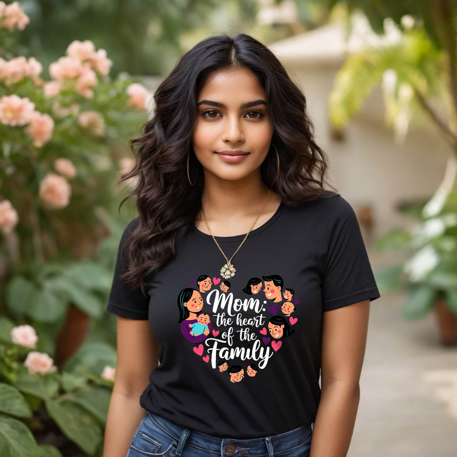 Mom the heart of the Family Print- Unisex Round Neck Regular Fit 100% Combed Cotton Half Sleeve T-Shirt - Mojilo Mart