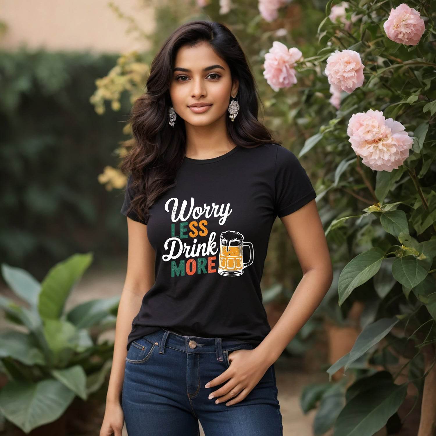 Worry LESS Drink MORE - Unisex Round Neck Regular Fit 100% Combed Cotton Half Sleeve T-Shirt - Mojilo Mart