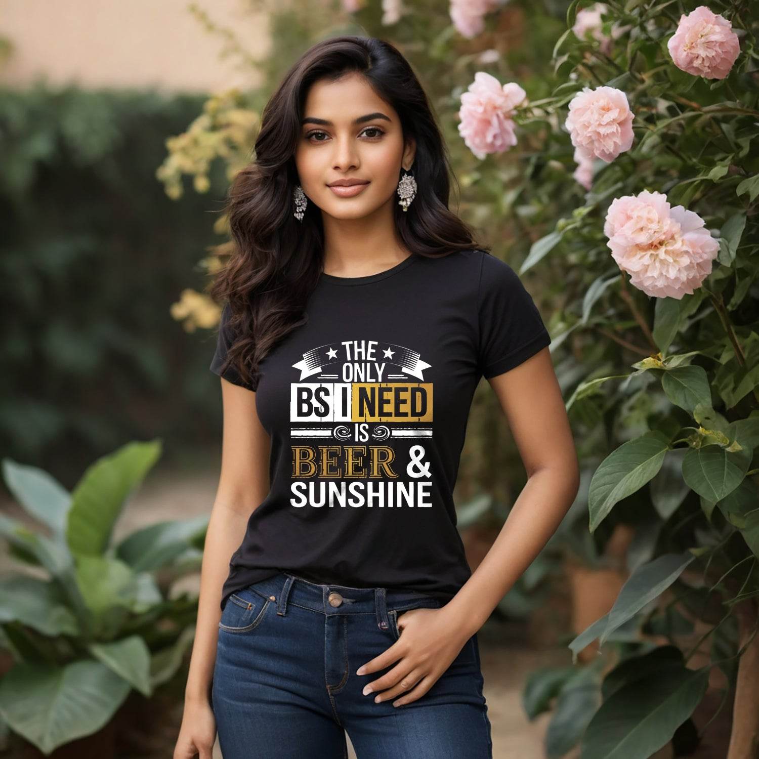 THE ONLY BS I NEED IS BEER & SUNSHINE - Unisex Round Neck Regular Fit 100% Combed Cotton Half Sleeve T-Shirt - Mojilo Mart