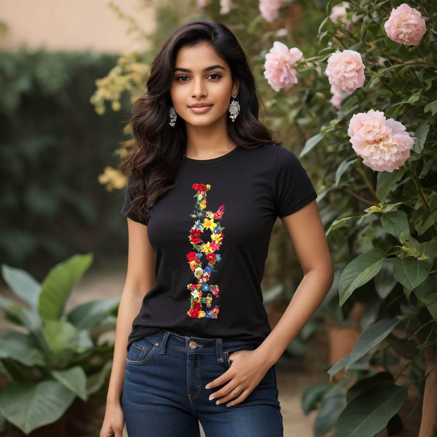Love in flowers - Unisex Round Neck Regular Fit 100% Combed Cotton Half Sleeve T-Shirt - Mojilo Mart