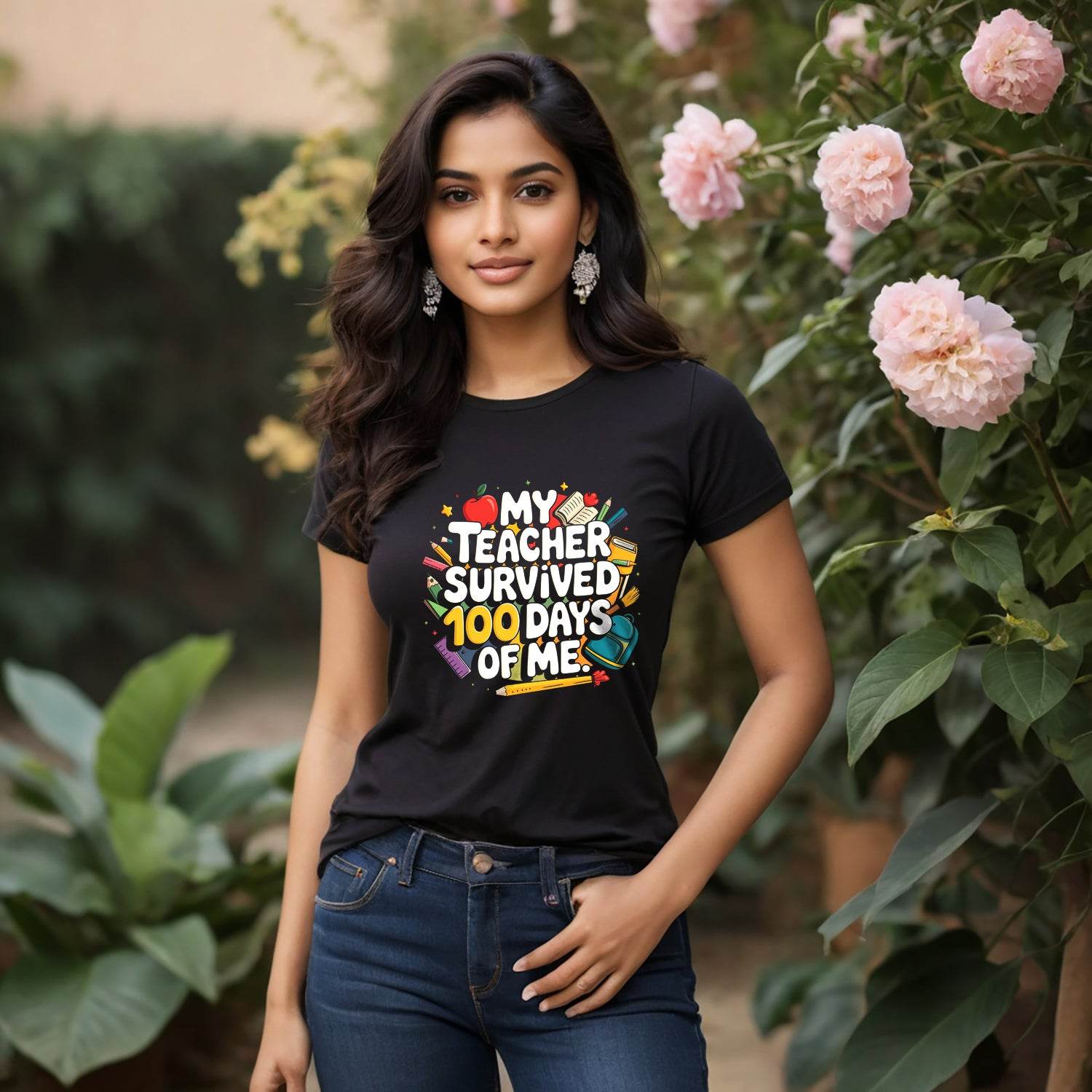 MY TEACHER SURVIVED 100 DAYS OF ME - Unisex Round Neck Regular Fit 100% Combed Cotton Half Sleeve T-Shirt - Mojilo Mart