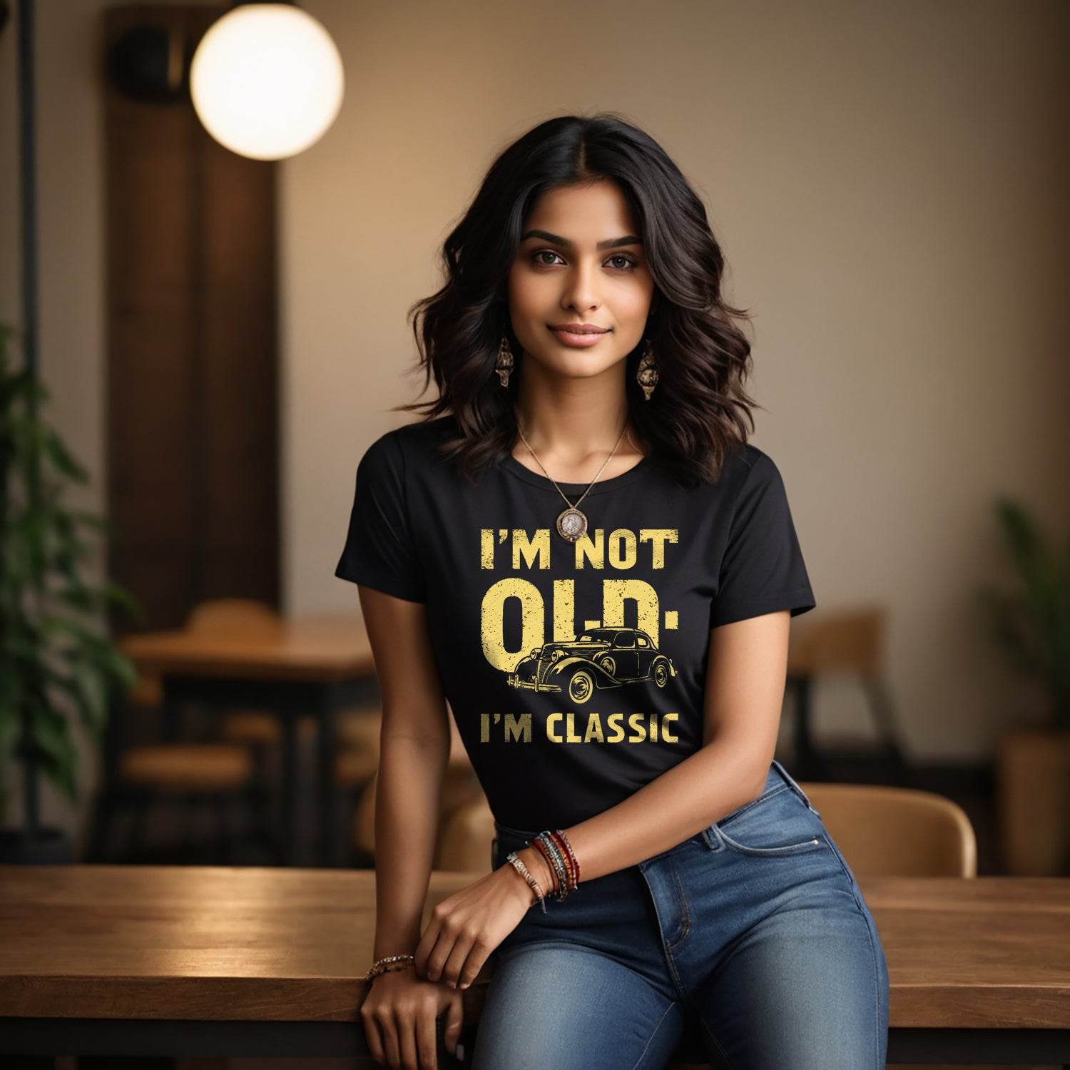 Old vintage car and the words old on it Im Classic - Unisex Round Neck Regular Fit 100% Combed Cotton Half Sleeve T-Shirt - Mojilo Mart