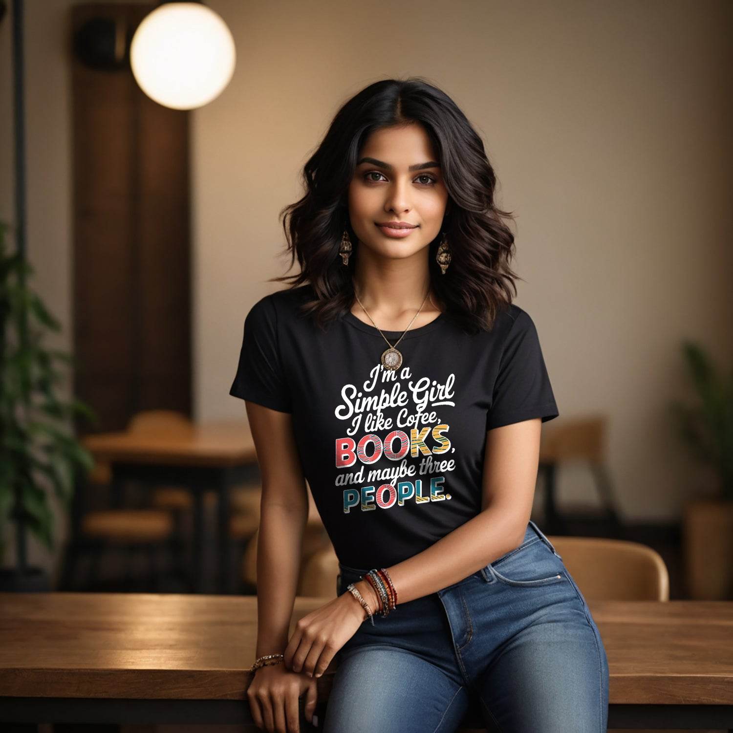I'm a Simple Girl I like Cofee, BOOKS and maybe three PEOPLE - Unisex Round Neck Regular Fit 100% Combed Cotton Half Sleeve T-Shirt - Mojilo Mart