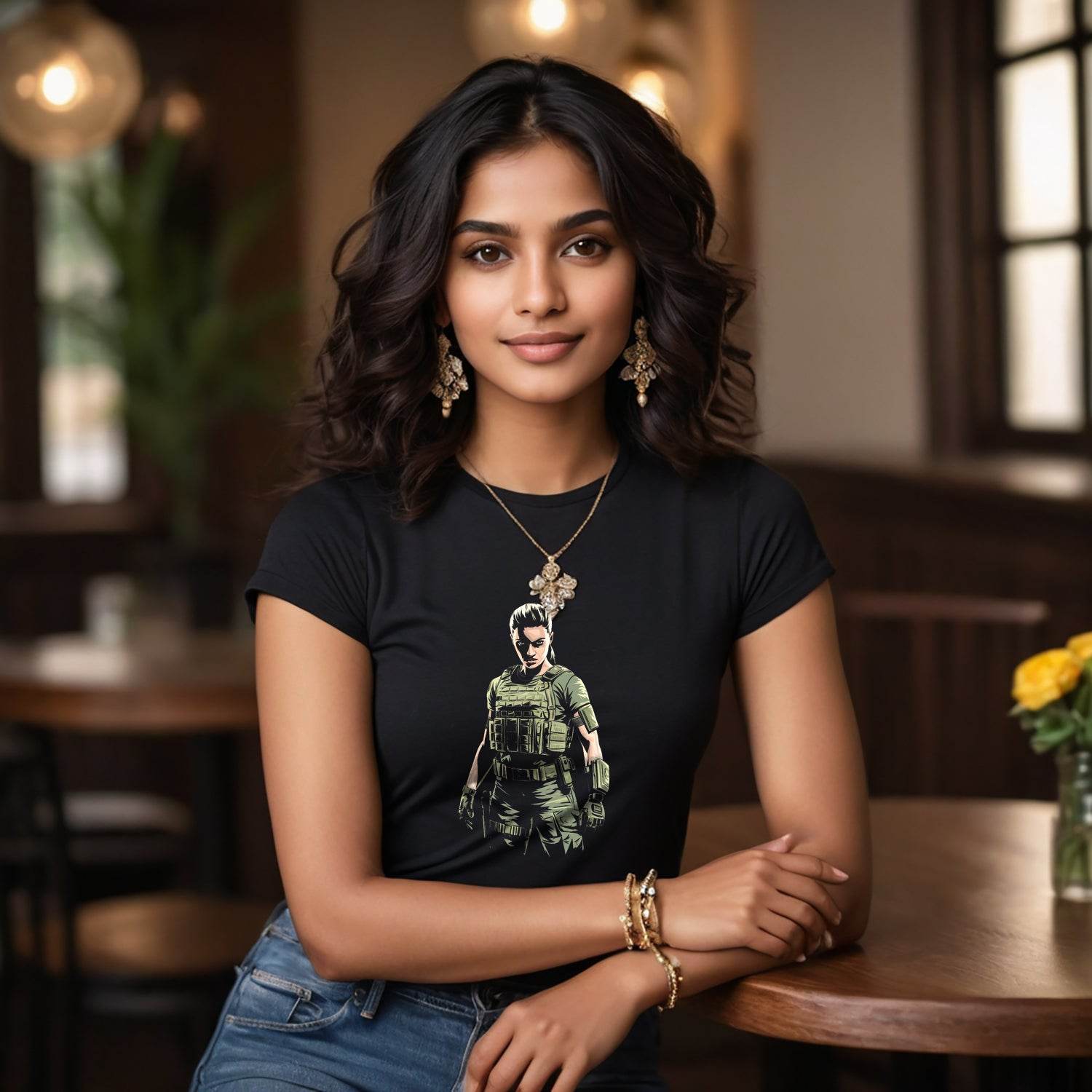 Woman in green military combat uniform - Unisex Round Neck Regular Fit 100% Combed Cotton Half Sleeve T-Shirt - Mojilo Mart