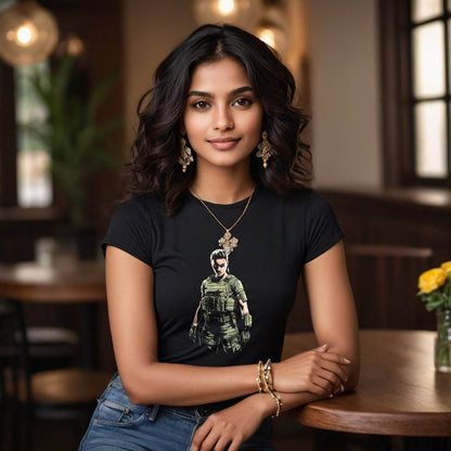 Woman in green military combat uniform - Unisex Round Neck Regular Fit 100% Combed Cotton Half Sleeve T-Shirt - Mojilo Mart