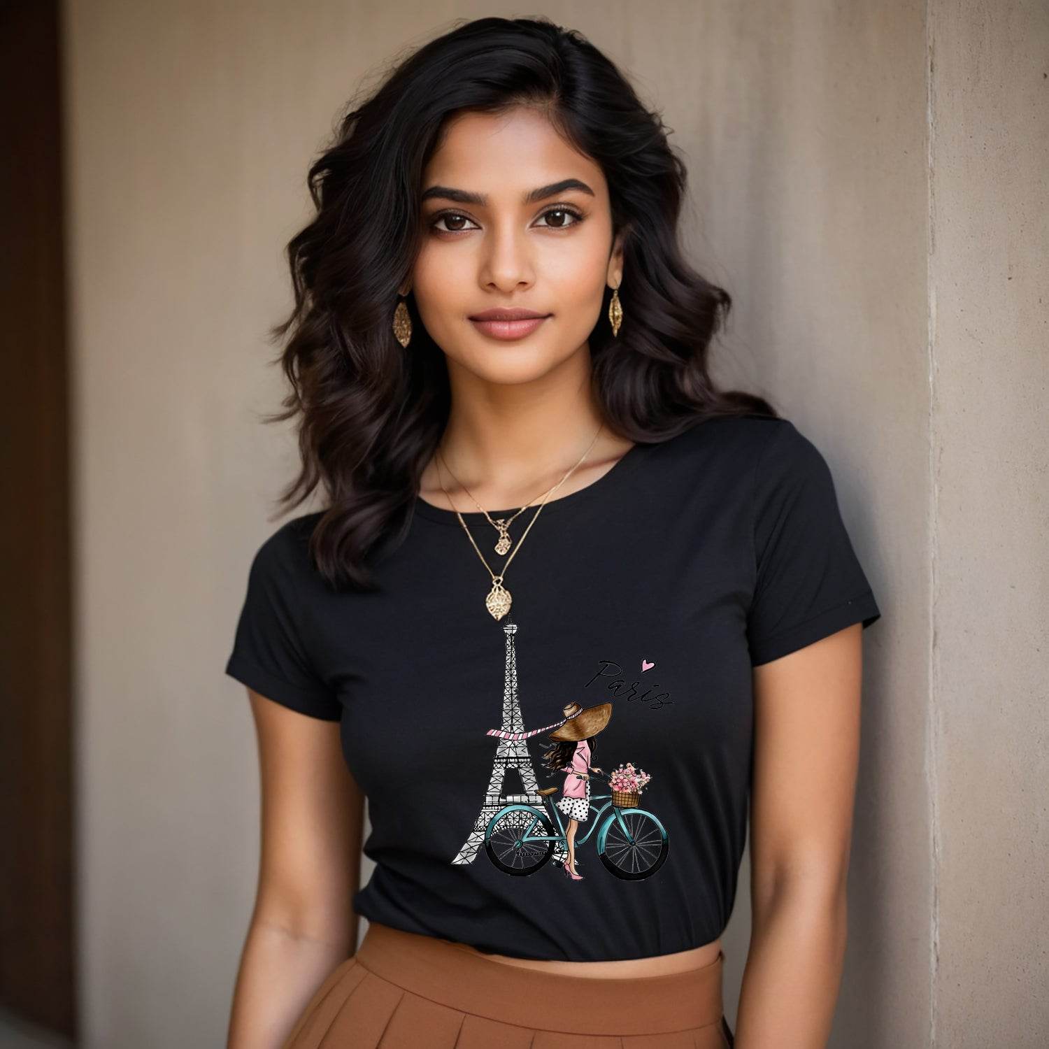 Eiffel Tower, And Bicycle Flower Printed - Unisex Round Neck Regular Fit 100% Combed Cotton Half Sleeve T-Shirt - Mojilo Mart