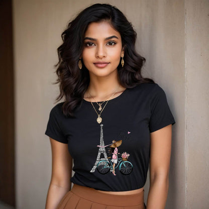 Eiffel Tower, And Bicycle Flower Printed - Unisex Round Neck Regular Fit 100% Combed Cotton Half Sleeve T-Shirt - Mojilo Mart